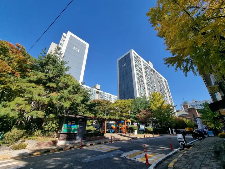 소나무와 단풍 너머로 솟은 506·507동