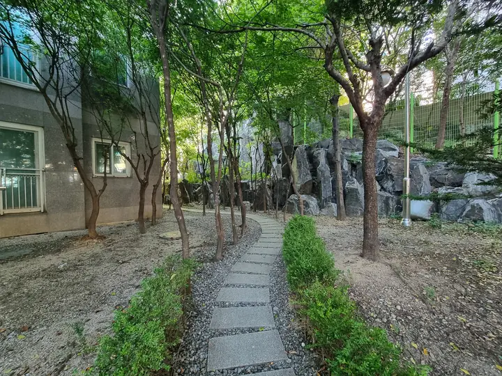 암석 정원 옆 징검돌 산책로