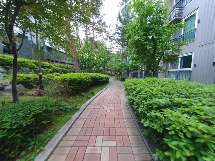 화단 사이 붉은 벽돌 산책로