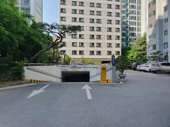 소나무 너머 동과 지하주차장 입구