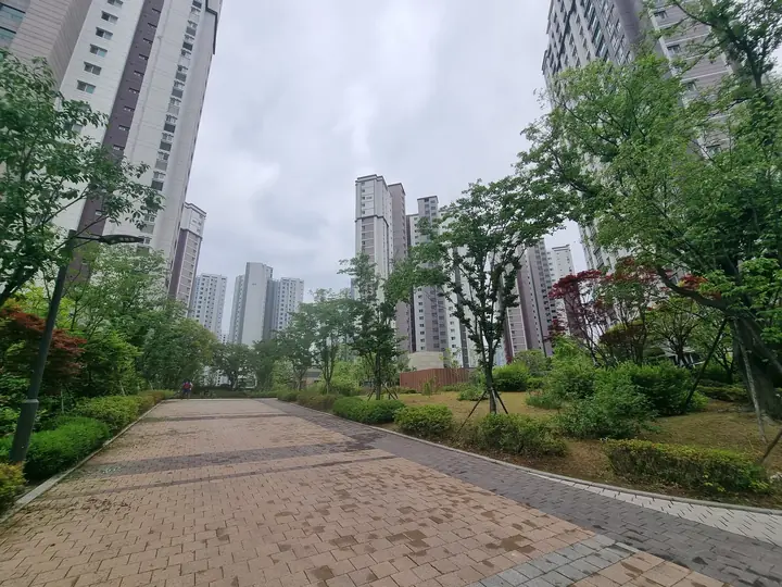 정원 사이로 넓게 난 보행로
