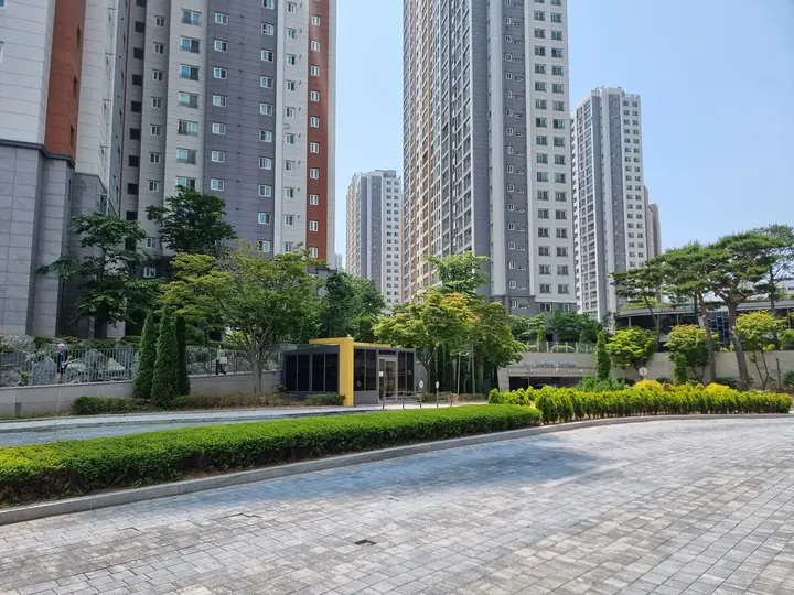 석재 포장 광장과 동 앞 화단