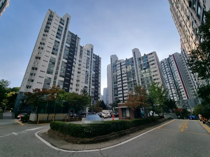 화단을 둘러 도는 단지 안 도로와 동들