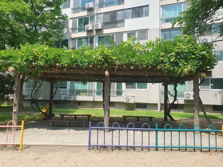 동 앞 등나무 퍼걸러와 벤치