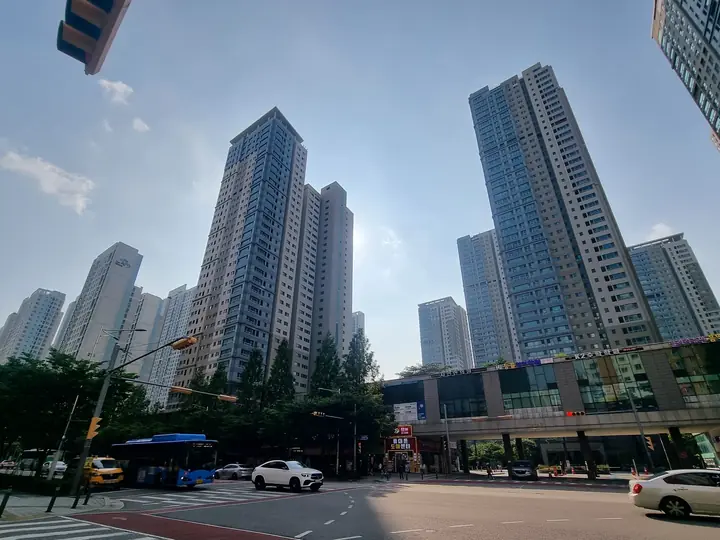 교차로에서 올려다본 고층 동들