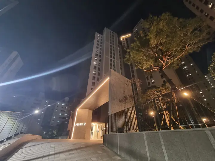 소나무 옆 'PRUGIO' 보행 출입구